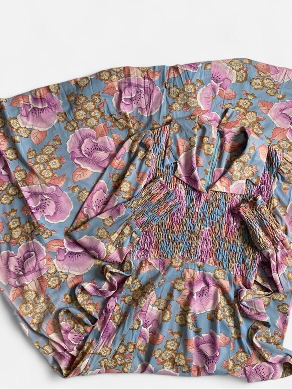Vintage 70s pastel blue floral long sleeve maxi dress
